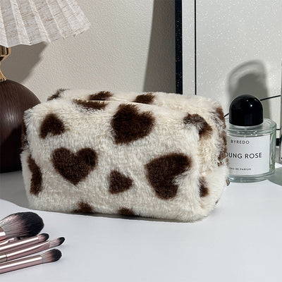 Fluffy Heart Print Makeup Bag  Soft Plush Cosmetic & Travel Storage Pouch
