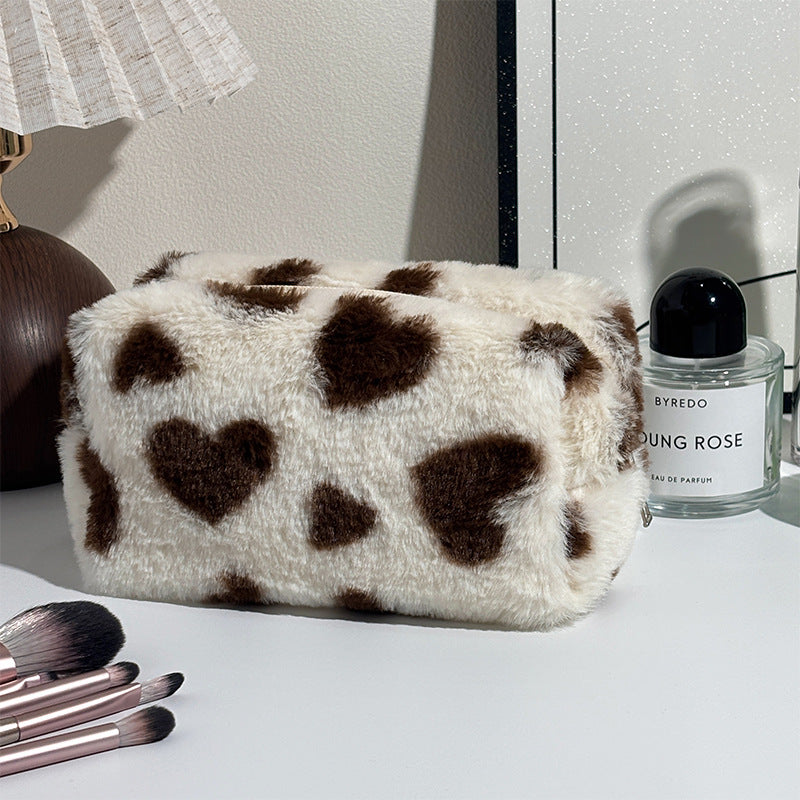Fluffy Heart Print Makeup Bag  Soft Plush Cosmetic & Travel Storage Pouch