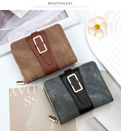 Korean Style Buckle Short Wallet | PU Leather Zipper Card Holder Purse