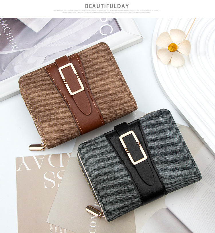 Korean Style Buckle Short Wallet | PU Leather Zipper Card Holder Purse