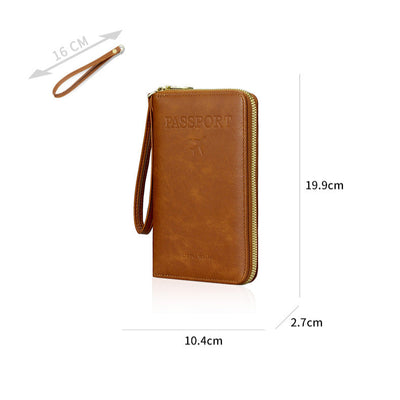 Brown wallet with measurements and product details on a white background
