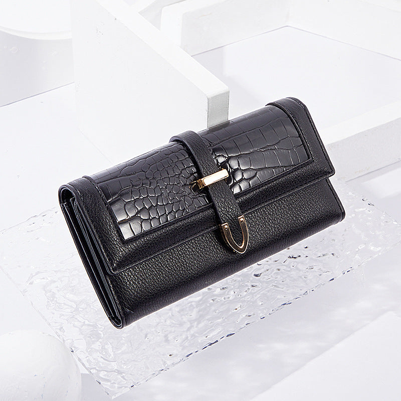 Long Size Tri-Fold Buckle Crocodile Texture Women's Wallet