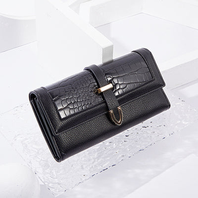 Long Size Tri-Fold Buckle Crocodile Texture Women's Wallet