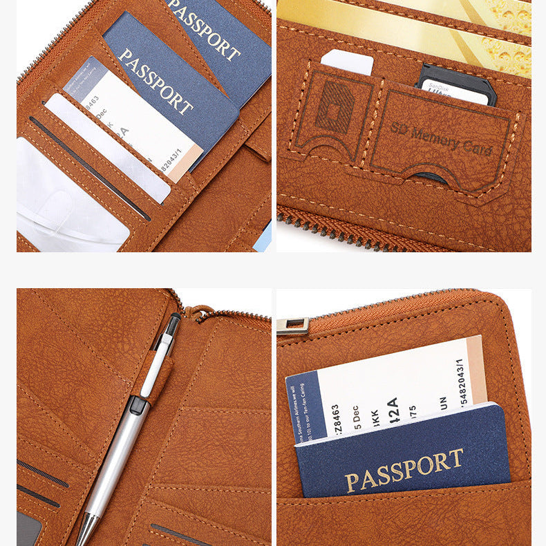 Brown travel wallet with compartments for passport, cards, and a pen.