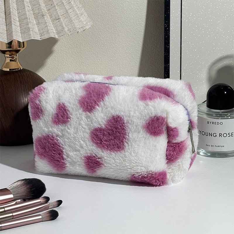 Fluffy Heart Print Makeup Bag  Soft Plush Cosmetic & Travel Storage Pouch