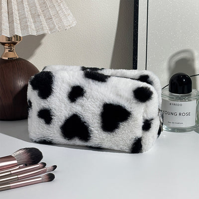 Fluffy Heart Print Makeup Bag  Soft Plush Cosmetic & Travel Storage Pouch