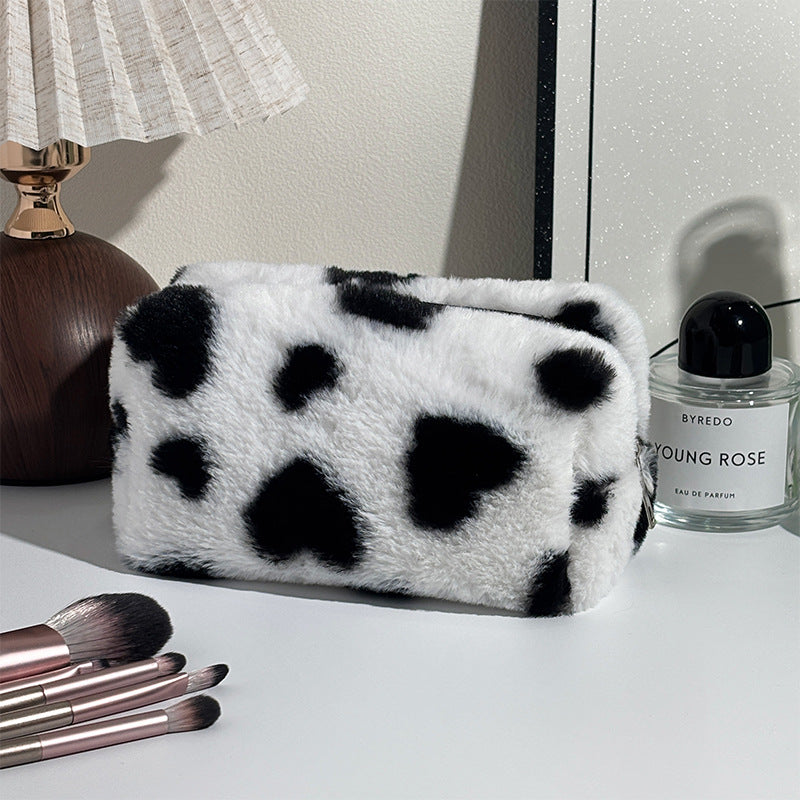 Fluffy Heart Print Makeup Bag  Soft Plush Cosmetic & Travel Storage Pouch