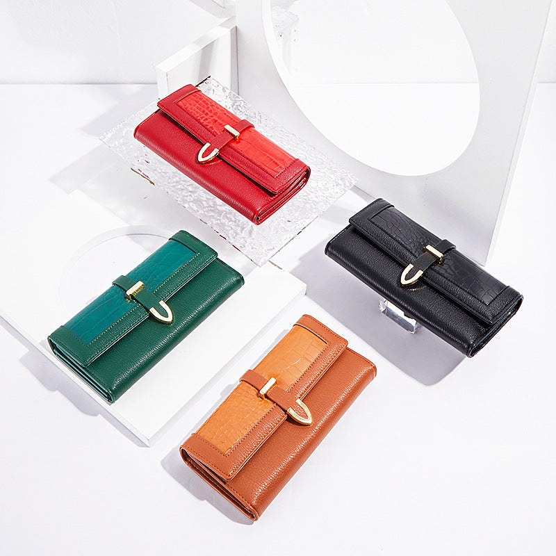 Long Size Tri-Fold Buckle Crocodile Texture Women's Wallet