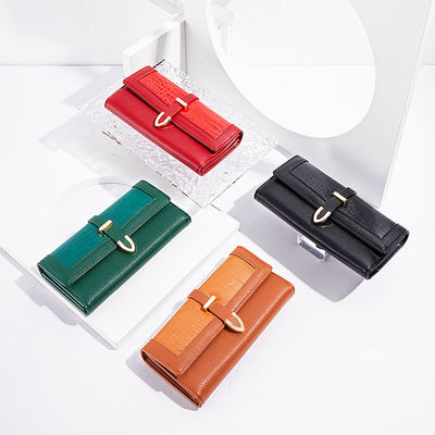 Long Size Tri-Fold Buckle Crocodile Texture Women's Wallet