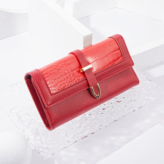 Long Size Tri-Fold Buckle Crocodile Texture Women's Wallet