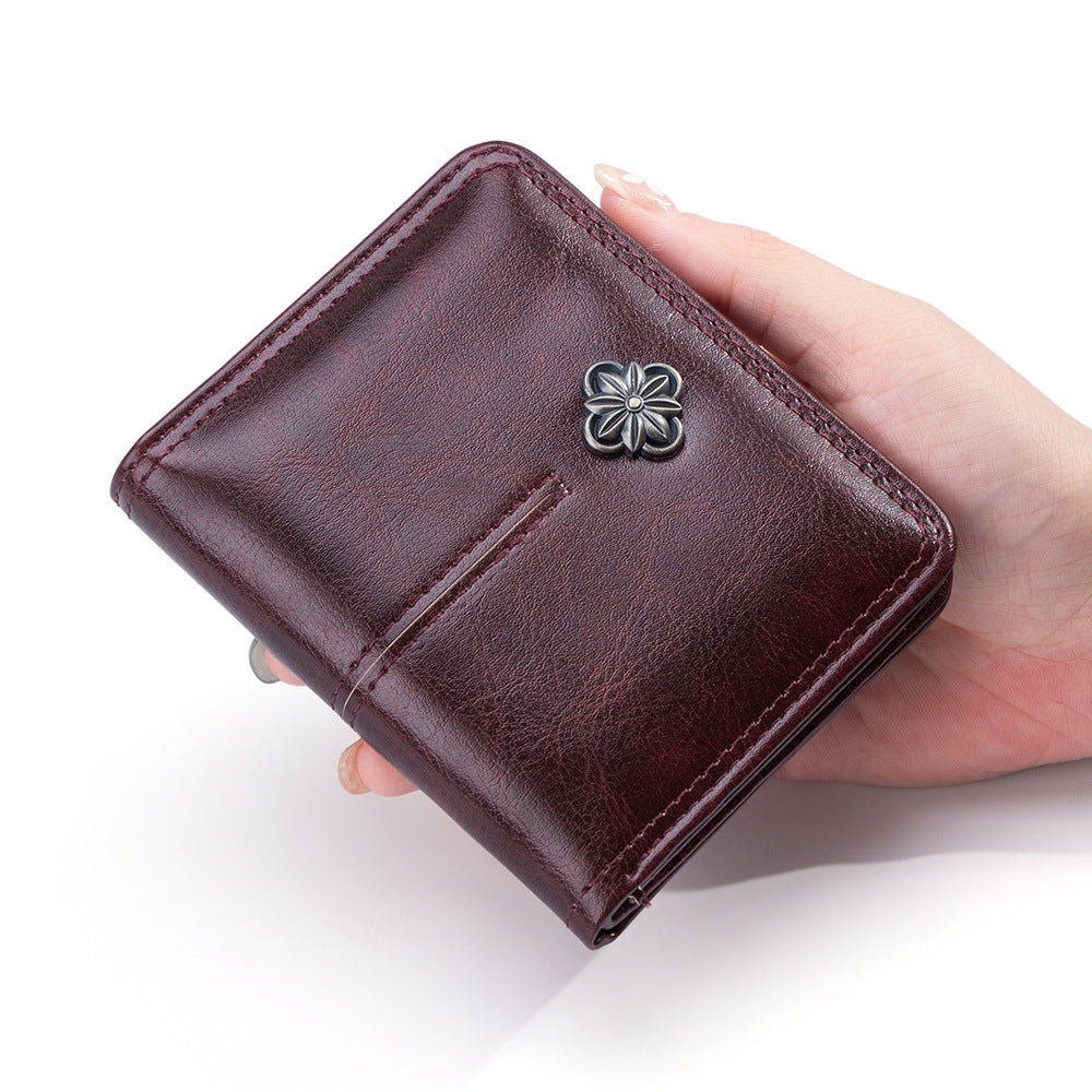High Quality Oil Wax Leather Solid Color Multi Functional Women's Wallet