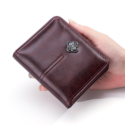 High Quality Oil Wax Leather Solid Color Multi Functional Women's Wallet