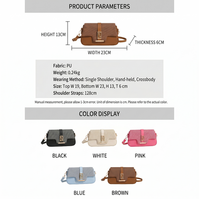 Product parameters and color display of a handbag with dimensions and fabric details.