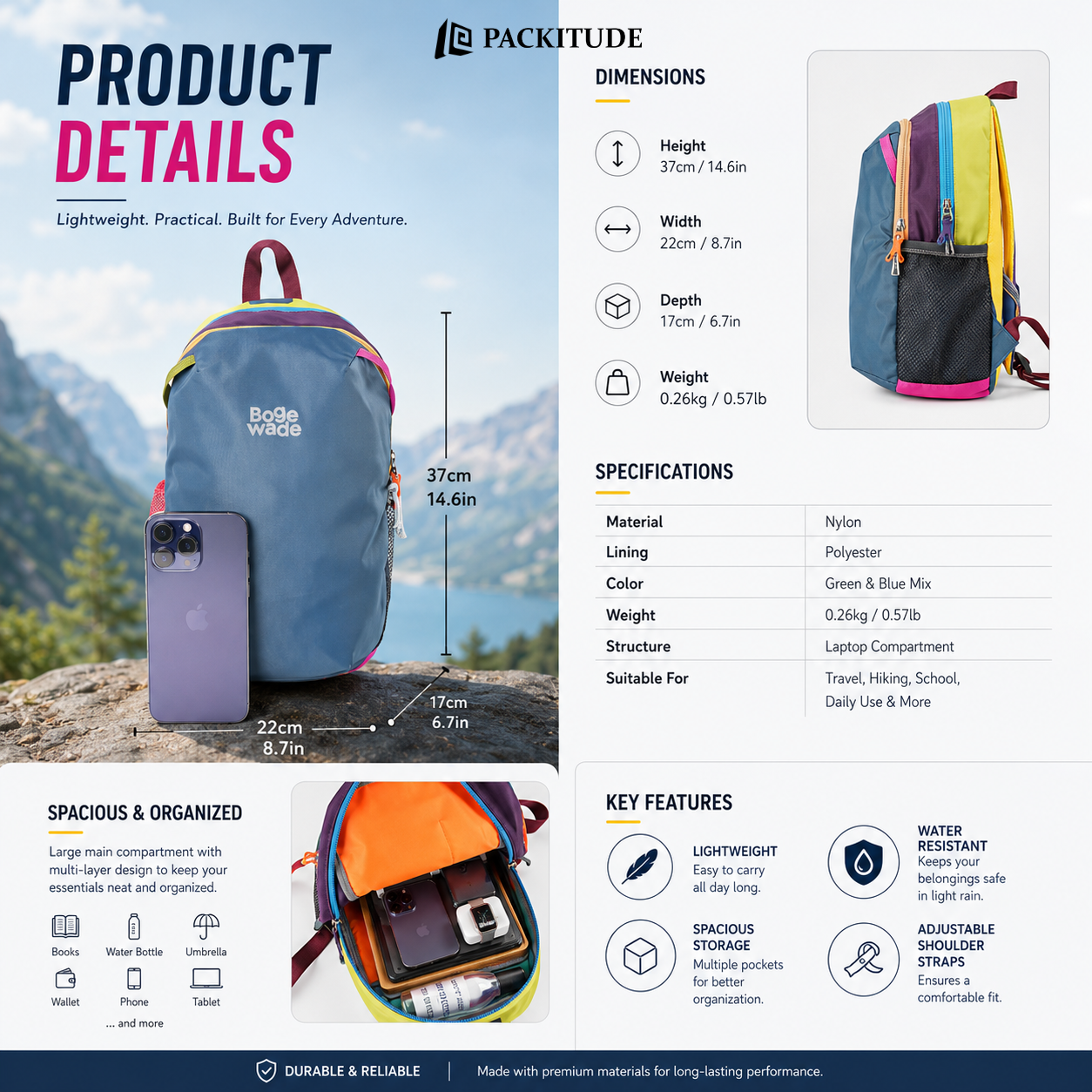 Lightweight Outdoor Travel Backpack | Unisex Casual Hiking & College Bag